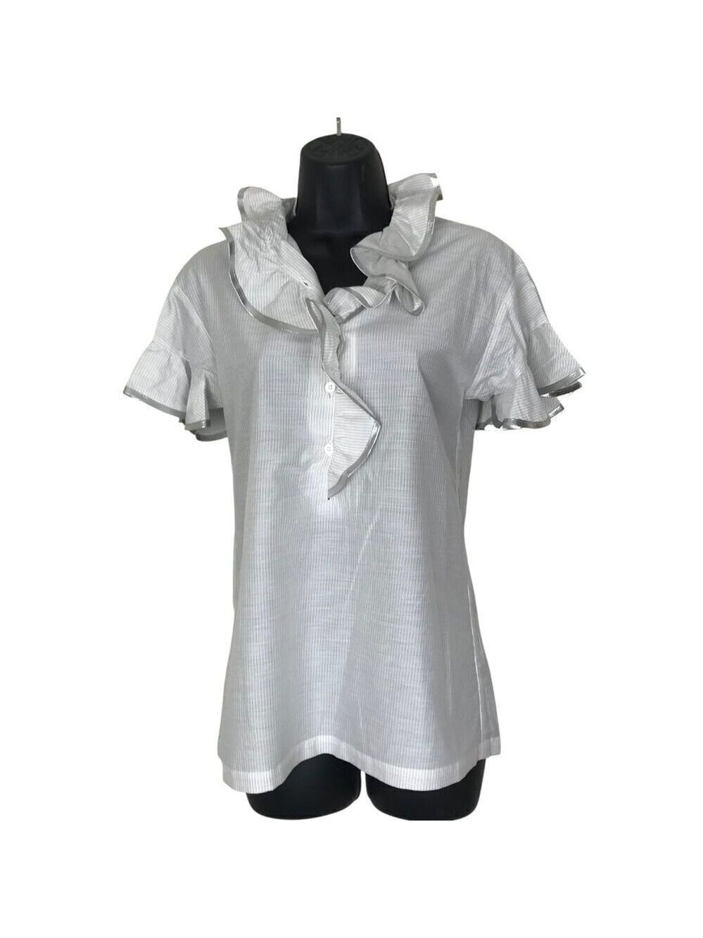 Paul & Joe Grey Striped Silk Blend Ruffle Neck & Sleeves. Size 1